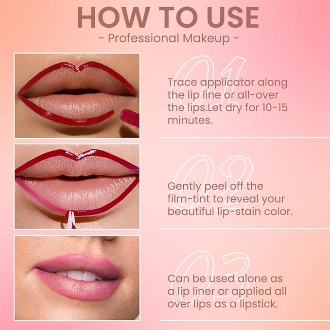 Matte Lip Stain Peel Off Lip liner with Tweezer, Pinkish Red Peel Off Lip Stain, Long Lasting Waterproof Lipstick Lip Gloss Tattoo, Transfer-proof for All Skin Types, 0.12 fl oz 06#