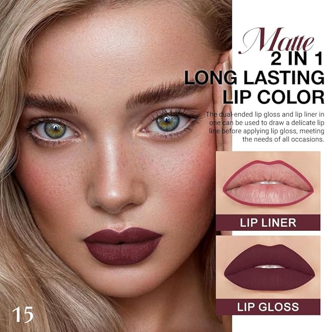 1Pcs 2 in 1 Dark Red Matte Lip Liner and Liquid Lipstick Stain Makeup Set for women, Red Long Lasting Smudge Proof Lip Tint Matte Finish Lip Gloss for All-Day Color Hold Easy to Use 15#