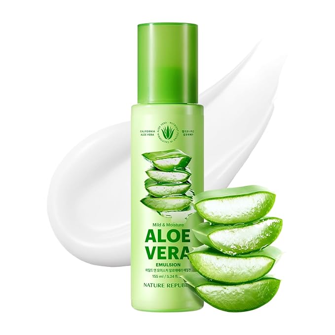 Nature Republic Mild & Moisture Aloe Vera Emulsion(NEW Ver.) Quick Hydration&fast absorbing non-sticky texture, Aftersun&Shave,Moisturizing Face Skin&Hair,korean skin care All Skin Types 150ml/5.24oz