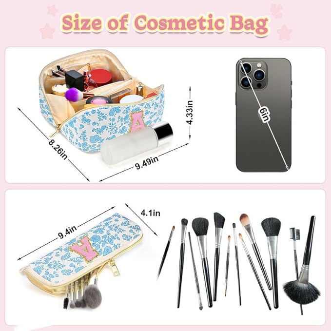 Personalized Travel Makeup Bag Set,Initial Travel Cute Floral Makeup Organizer Bag,Toiletry Skincare Cosmetic Bag,Christmas Gifts for Women/Girls,Open Flat Toiletry Pouch with Brush Pocket-Q