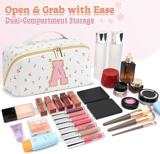 Personalized Travel Makeup Bag Set,Initial Travel Cute Cherry Makeup Organizer Bag,Toiletry Skincare Cosmetic Bag,Christmas Gifts for Women/Girls,Open Flat Toiletry Pouch with Brush Pocket-N