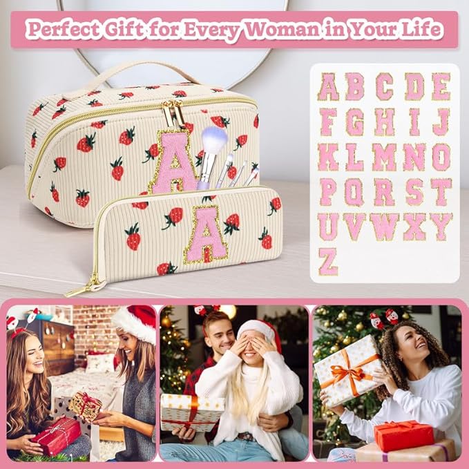 Personalized Travel Makeup Bag Set,Initial Travel Strawberry Makeup Organizer Bag,Toiletry Skincare Cosmetic Bag,Christmas Gifts for Women/Girls,Open Flat Toiletry Pouch with Brush Pocket-Y