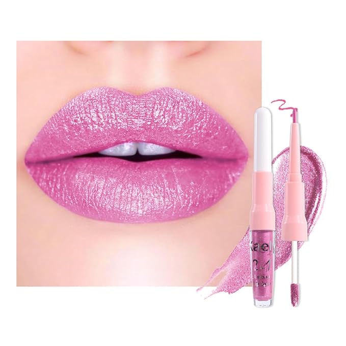 Kaely 2-in-1 Light Rose Pink Metallic Lipstick and Lip Liner, Shimmer Liquid Metallic Lipsticks for Women, Glitter Lip Gloss Stain Long Lasting Waterproof Smudge Proof 24 Hour, Vegan Makeup, 10