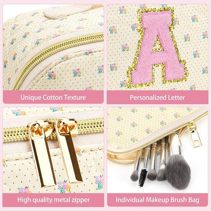 Personalized Travel Makeup Bag Set,Initial Travel Cute Floral Makeup Organizer Bag,Toiletry Skincare Cosmetic Bag,Christmas Gifts for Women/Girls,Open Flat Toiletry Pouch with Brush Pocket-C