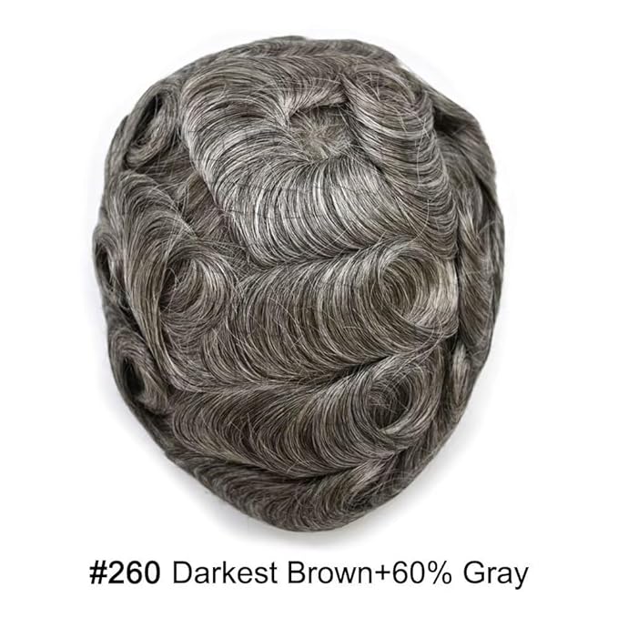FACE MIRACLE Mens Toupee Lace Front Hairpieces Soft Human Hair Replacement System Natural Hairline Toupee for Men French Lace Poly V-Looped Mens hair Units 6"X8" #260 Darkest Brown with 60% Gray