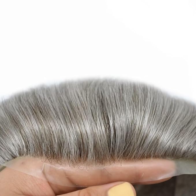 FACE MIRACLE Hair System for Men French Lace Mens Toupee Human Hair Replacement System Lace with PU Toupee for Men Male Hair Piece Wigs 6"X9" #380 Dark Brown with 80% Gray