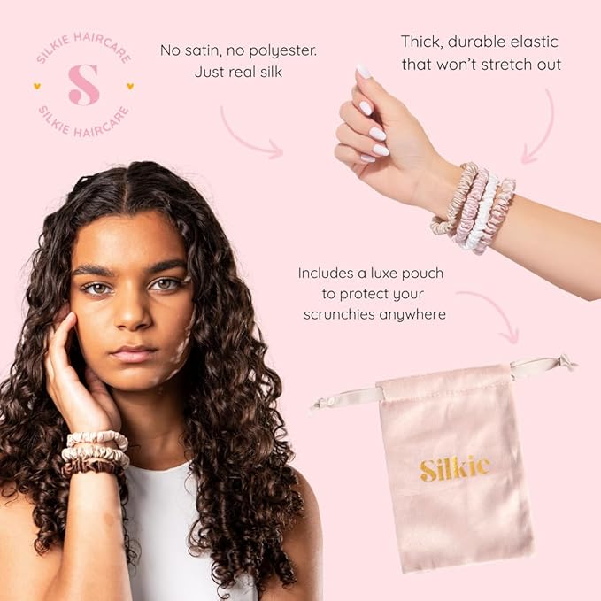 SILKIE x6 Set 100% Pure Mulberry Silk Black Brown Chocolate Pink Nude Neutral Skinny Scrunchies Travel Pouch Everyday Hair Ties Elastics Hair Care Ponytail Holder No Damage (Truffle)