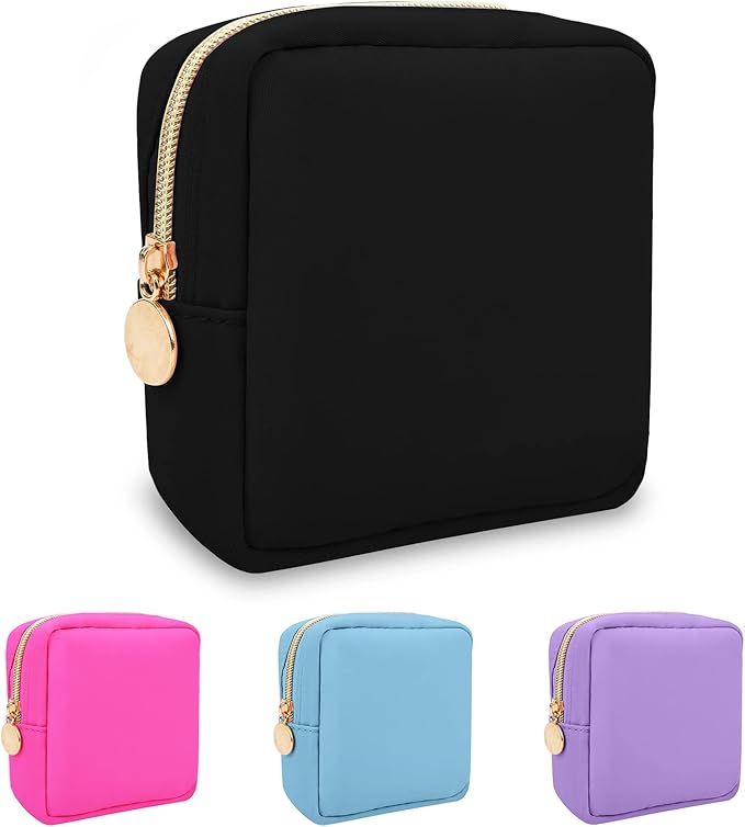 Nylon Mini Makeup Bag for Purse, Preppy Small Cute Black Makeup Bag Cosmetic Zipper Pouch Purse, Waterproof Travel Coin Pouch Sanitary Napkin Storage Bag Clutch Makeup Organizer for Women Girls(Black)