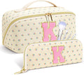 Personalized Travel Makeup Bag Set,Initial Travel Cute Floral Makeup Organizer Bag,Toiletry Skincare Cosmetic Bag,Christmas Gifts for Women/Girls,Open Flat Toiletry Pouch with Brush Pocket-K