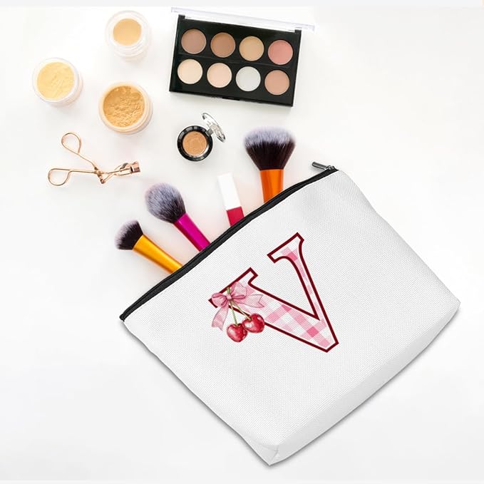 Initial Makeup Bag Monogram Cosmetic Bag Monogrammed Gifts for Women Girls Friends Coworker Teacher Personalized Travel Toiletry Bag Christmas Bridal Shower Wedding Bridesmaid Gifts, Cherry V