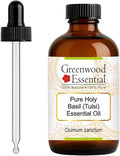 Greenwood Essential Pure Holy Basil (Tulsi) Essential Oil (Ocimum Sanctum) with Glass Dropper Steam Distilled 120ml (4 oz)