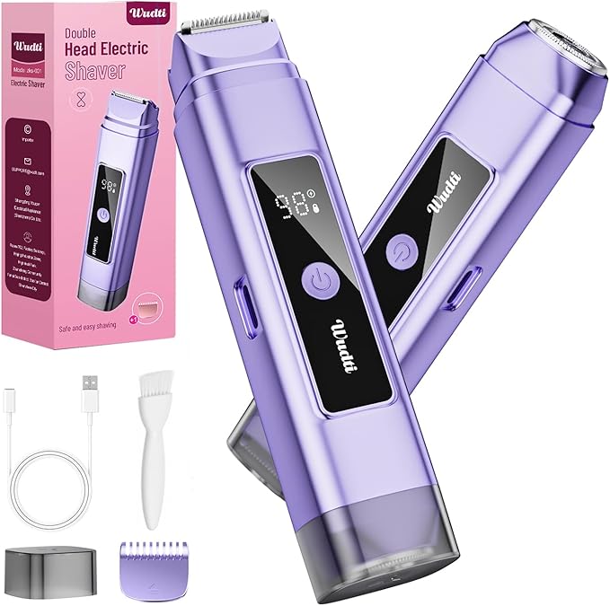 Electric Bikini Trimmer for Women: Razor & Shaver with Dual Heads for Body Pubic Hair, IPX7 Waterproof with LED Display - Rechargeable Lady Trimmer for Underarm Body Leg Face - Sky Blue