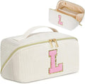 Personalized Initial Makeup Bag,Christmas Gifts for Girl,Preppy Bag Cosmetic Travel Bag Women,Travel Toiletry Organizer,Large Capacity Corduroy Stuff Bag,Cute Cosmetic Pouch Skincare Bag-L