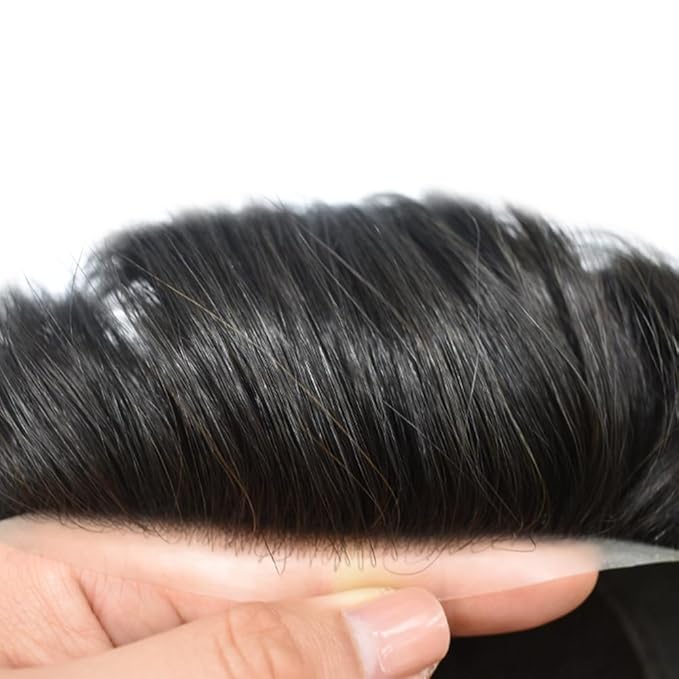 FACE MIRACLE Mens Toupee Lace Front Hairpieces Soft Human Hair Replacement System Natural Hairline Toupee for Men French Lace Poly V-Looped Mens hair Units 7"X10" 1#JET BLACK
