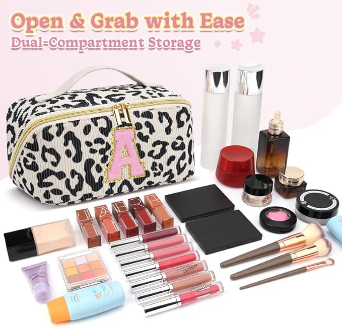 Personalized Travel Makeup Bag Set,Initial Travel Cute Leopard Makeup Organizer Bag,Toiletry Skincare Cosmetic Bag,Christmas Gifts for Women/Girls,Open Flat Toiletry Pouch with Brush Pocket-S