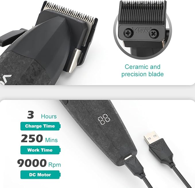 VGR 640 Professional Hair Clippers for Men, 9000RPM Cordless Barber Clippers and Trimmers Set, Zero Gap T-Blade Hair Cutting Kit, DLC Coated Ceramic Blade Barber Kit with LED Display(Black)