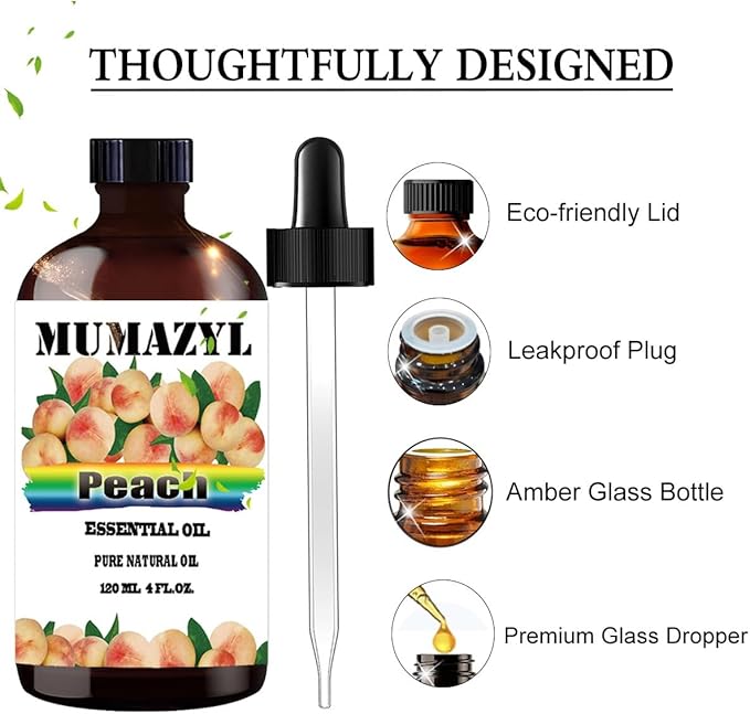 Peach Essential Oil, Peach Oil 4 Fl Oz 120ML for Diffuser Humidifier Yoga Cleaning DIY Candle Soap Making Essential Oils