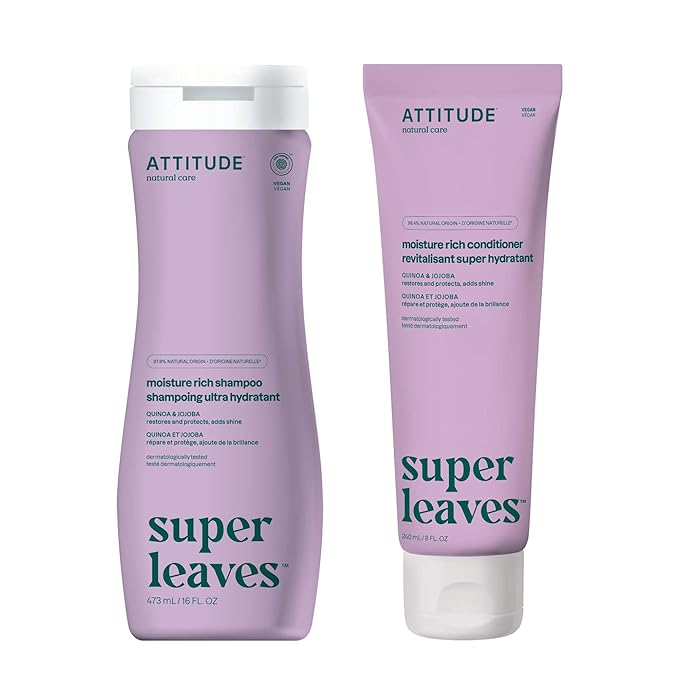 Bundle of ATTITUDE Moisture Rich Hair Shampoo and Conditioner, EWG Verified, Dermatologically Tested, Plant- and Mineral-Based, Vegan Beauty Products, Quinoa and Jojoba