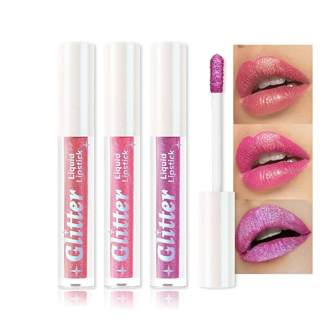 AMY'S DIARY 3Pcs Glitter Liquid Lipstick Set – Rose Gold, Hot Pink, Iridescent Lilac – Shimmer Metallic Lip Gloss, Long-Lasting Waterproof Lip Color, High Shine Sparkle Makeup for Women(SetA)