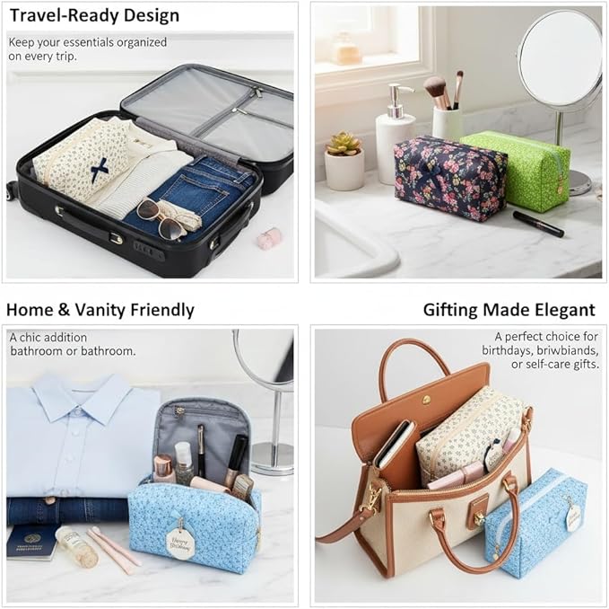 Floral Cotton Makeup Brush Cosmetic Bag for Women, Travel Quilted Zipper Pouch, Large Capacity Flowers Toiletry Organizer, Kawaii Makeup Storage Case, Cosmetic Travel Cloth Bag-Navy Floral