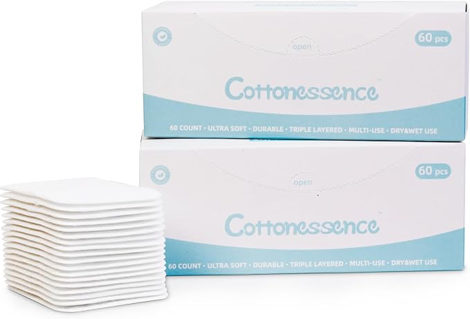 Premium Exfoliating Cotton Pads (120 Count) - 100% Cotton, Extra-Soft and Lint-Free, Durable Squares for Facial, Lip, and Eye Makeup Removal