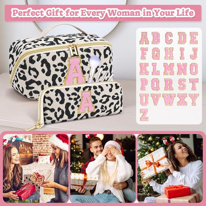 Personalized Travel Makeup Bag Set,Initial Travel Cute Leopard Makeup Organizer Bag,Toiletry Skincare Cosmetic Bag,Christmas Gifts for Women/Girls,Open Flat Toiletry Pouch with Brush Pocket-S