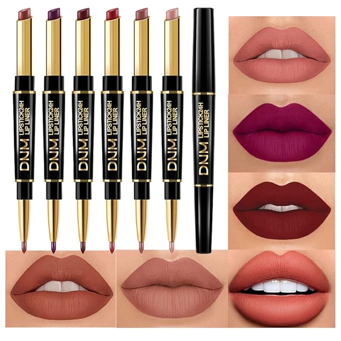 evpct 6Pcs Lip Liner and Lipstick Combo Set, 2-in-1 Waterproof Lipstick and 24H Lip liner Set for Women, Antique Rose Chestnut Nude Dark Brown Matte Lipsticks Pen with Lips Liners Sets Long Lasting 24