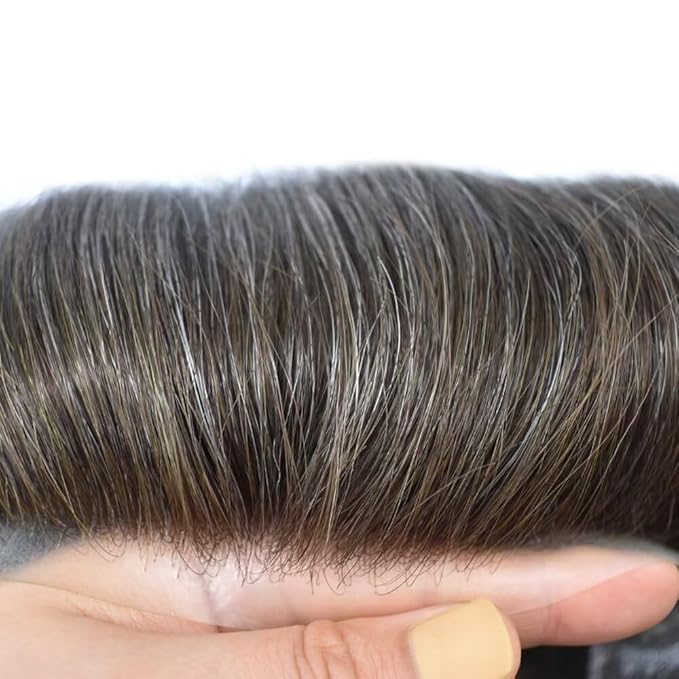 FACE MIRACLE Hair System for Men French Lace Mens Toupee Human Hair Replacement System Lace with PU Toupee for Man 6"X8" #330 3# DARK BROWN WITH 30% SYNTHETIC GREY