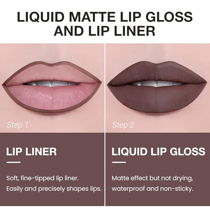 AMY'S DIARY 2pcs Matte Dark Red Lip Liner & Lipstick Makeup Set, Liquid Lipstick 24H and Lip Liner Set Matt Liquid Lips Make Up Waterproof Long Lasting (05#, 2 Pcs Set)