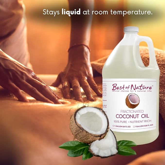 Best of Nature 100% Pure Fractionated Coconut Oil - Liquid MCT Massage & Body Oil, Unscented Moisturizer for Hair, Skin, Face, Aromatherapy Carrier for Essential Oils, Gallon (128 fl oz)
