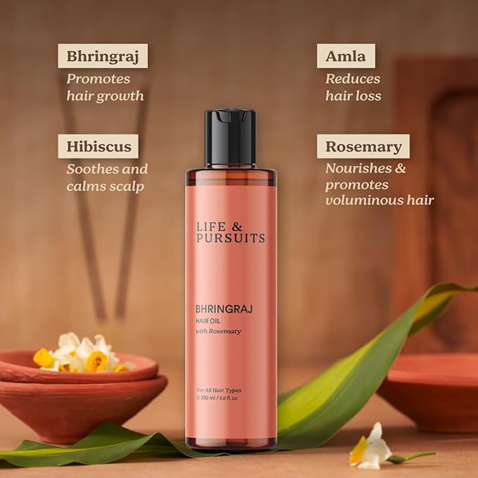 Life & Pursuits Bhringraj Hair Growth Oil 6.8 Fl Oz, Natural Ayurveda Scalp Therapy For Men & Women| Rosemary, Amla, Hibiscus, Tea Tree & Coconut| Reduces Itchiness & Dryness| Nourishes Damaged Hair