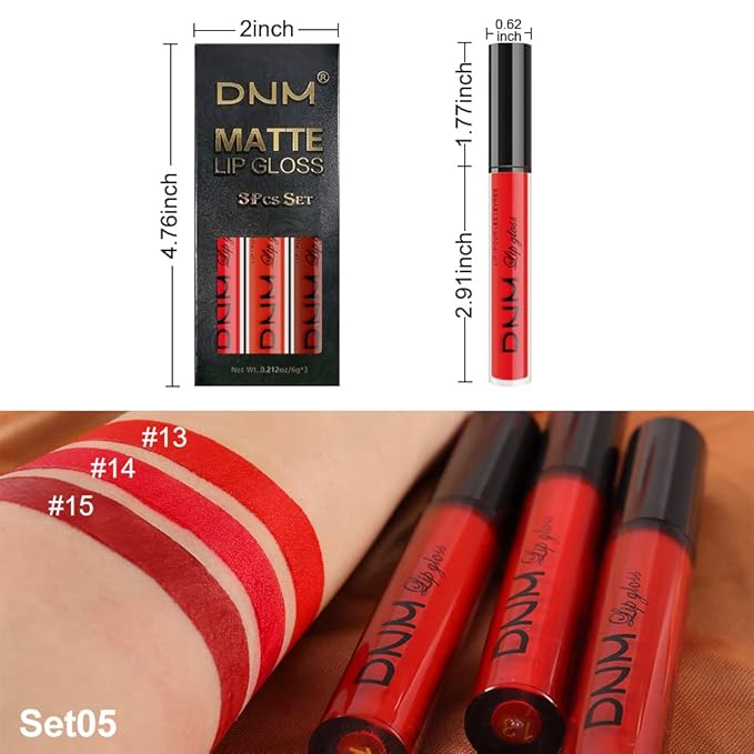 AMY'S DIARY 3Pcs Bright Red Matte Liquid Lipstick Sets, Lip Stain Long Lasting 24 Waterproof Lip Gloss Gift Set Matt Makeup for Women Lippies (05)