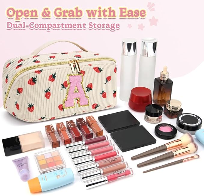 Personalized Travel Makeup Bag Set,Initial Travel Strawberry Makeup Organizer Bag,Toiletry Skincare Cosmetic Bag,Christmas Gifts for Women/Girls,Open Flat Toiletry Pouch with Brush Pocket-B