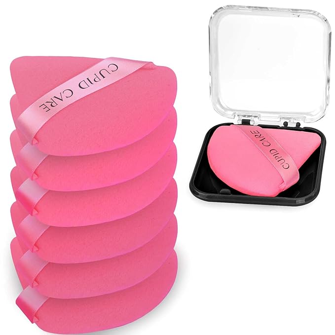 6 Pcs Triangle Powder Puff with 2 Travel Cases, Setting Powder Puffs for Face Powder and Foundation, Velour Makeup Puff for Loose Powder Body Powder, Skin-Friendly, Beauty Makeup Tools-Red