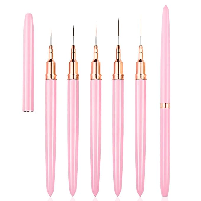 WOKOTO 5 Pcs Pink Nail Art Liner Brushes Painting Detail Nail Brushes For Nail Art Tools Set Nail Dotting Drawing Tool For Long Lines Thin Details Fine Drawing Sizes 4/8/12/20/25mm Thin Nail Brush