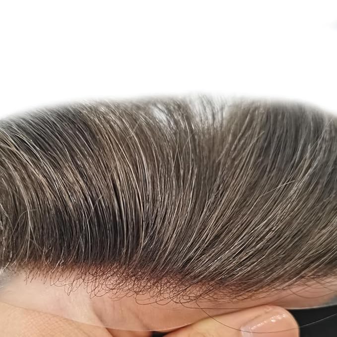 Mens Toupee Human Hair Piece French Lace Toupee for Man Hair System Indian Human Hair Replacement Systems V-Looped PU Front Hairpieces 8"X10" 2# DARKEST BROWN