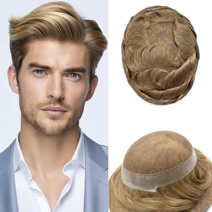 Mens Toupee Human Hair Piece French Lace Toupee for Man Hair System Indian Human Hair Replacement Systems V-Looped PU Front Hairpieces 6"X8" 17R#BROWN/BLONDE MIX WARM TONE