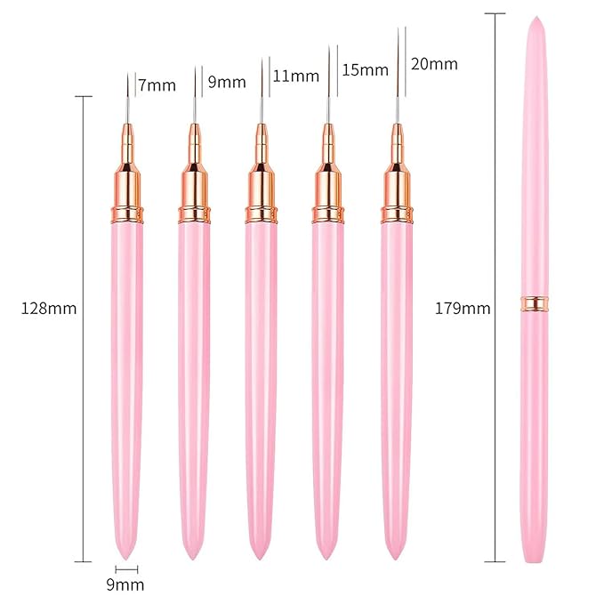WOKOTO 5 Pcs Pink Nail Art Liner Brushes Painting Detail Nail Brushes For Nail Art Tools Set Nail Dotting Drawing Tool For Long Lines Thin Details Fine Drawing Sizes 4/8/12/20/25mm Thin Nail Brush