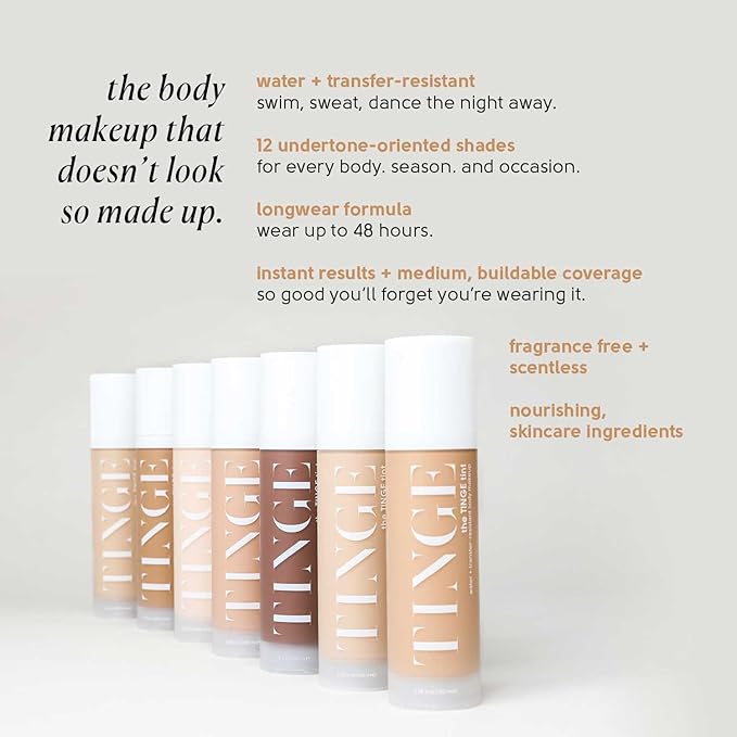 Tinge Tint Body Makeup, Lasts Up to 48 Hours, Medium Coverage Cream With Amino Acids, Hyaluronic Acid & Lysine, Semi Matte Finish, Water & Transfer Resistant, 3.38 Fl Oz - Deep Neutral