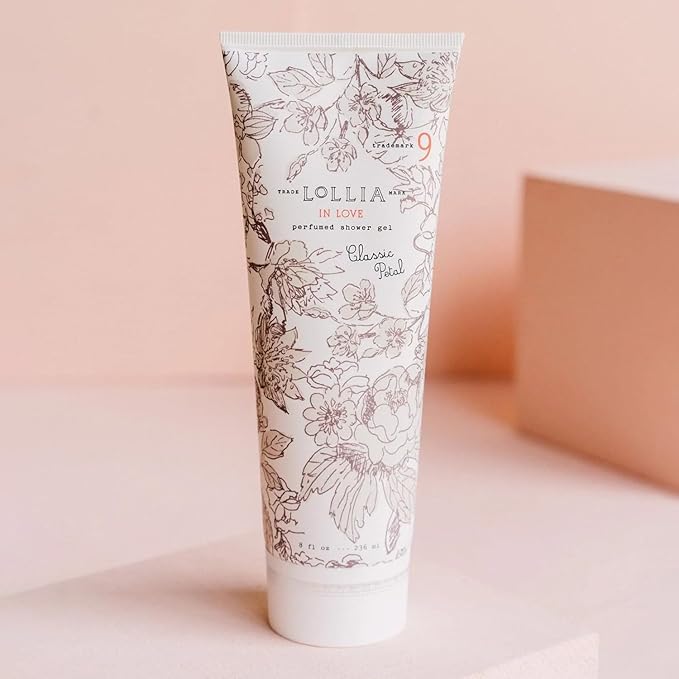 LOLLIA In Love Shower Gel, 8 fl oz, Classic Petals, Apple Blossom, Jasmine, & Living Rose, Luxury Shea Moisture Hydrating Women's Body Wash, Delicate & Relaxing Scented Bath Soap for Self Care