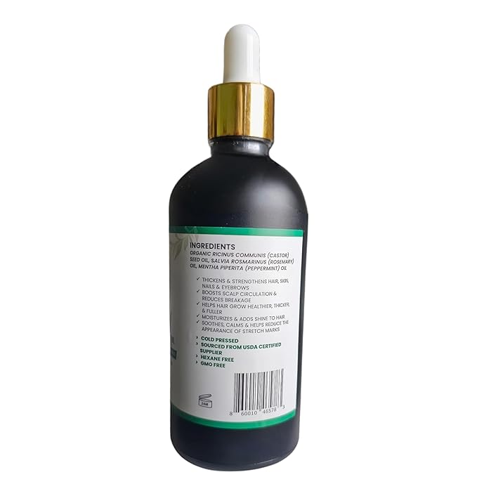 Seddy Organic Castor Oil with Rosemary & Peppermint in Dark Glass Bottle - Cold Pressed | Hexane-Free | Scalp, Hair, Eyelashes, Eyebrows, Skin, & Nails | Hair Treatment Oil - 3.4 Fl. Oz