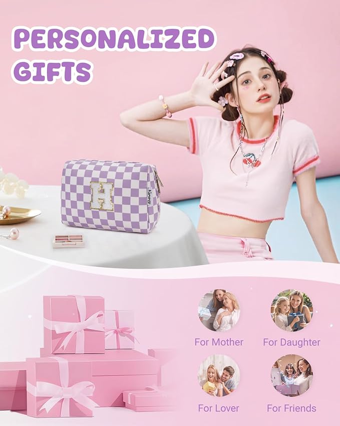 Narwey Birthday Gifts for Women Teen Girls Kids Personalized Initial Makeup Bag Monogram Preppy Cosmetic Bag Trendy Stuff 6 8 10 11 12 13 14 16 18 Years Old Travel Toiletry Bag (Purple Letter H)