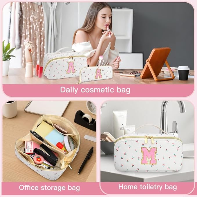 Personalized Travel Makeup Bag Set,Initial Travel Cute Cherry Makeup Organizer Bag,Toiletry Skincare Cosmetic Bag,Christmas Gifts for Women/Girls,Open Flat Toiletry Pouch with Brush Pocket-H