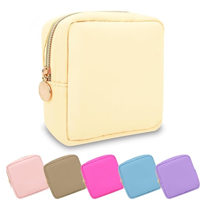 Mini Makeup Pouch for Purse, Small Cosmetic Bag Pouch Nylon Travel Toiletry Organizers for Women Girls, Cute Zipper Pouch Coin Purse Preppy Storage Bag for School Work(Mini-Sand)