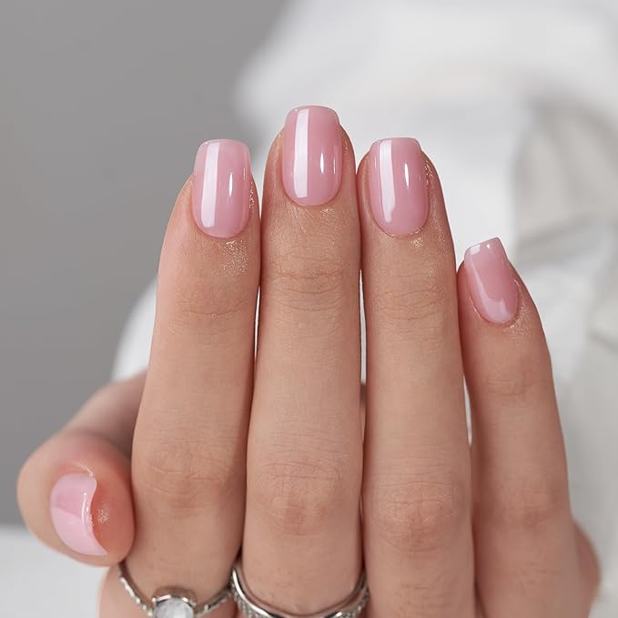 BTArtbox Press On Nails Short - Square Press On Nail, Pink Chrome Nail Tips Glue On Nails with Nail Glue, Reusable Stick On Nails in 15 Sizes - 30 Soft Gel Fake Nails Kit, Lotus Glazed