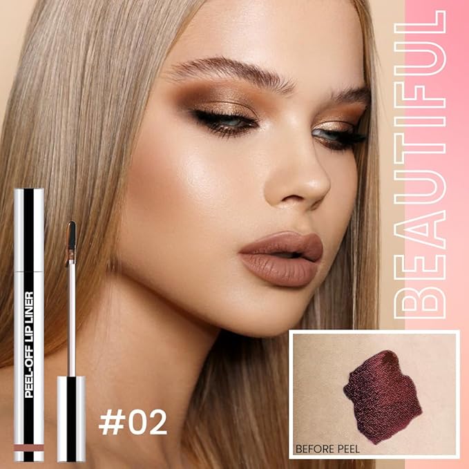 Matte Lip Stain Peel Off Lip liner with Tweezer, Brown Peel Off Lip Stain, Long Lasting Waterproof Lipstick Lip Gloss Tattoo, Transfer-proof for All Skin Types, 0.12 fl oz 02#
