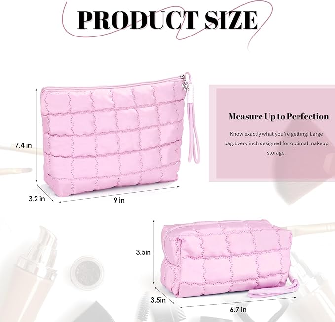 Richeart Makeup Bag Travel Toiletry Bag - Checkered Down Cotton Makeup Pouch for Women with Cosmetic and Pencil, Aesthetic Pink Design, Large