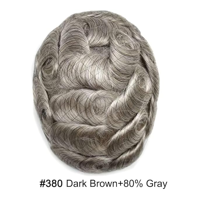 Mens Toupee Human Hair Piece French Lace Toupee for Man Hair System Indian Human Hair Replacement Systems V-Looped PU Front Hairpieces 6"X8" #380 Dark Brown with 80% Gray