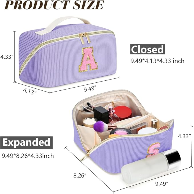 Personalized Initial Makeup Bag,Christmas Gifts for Girl,Preppy Bag Cosmetic Travel Bag Women,Travel Toiletry Organizer,Large Capacity Corduroy Stuff Bag,Cute Cosmetic Pouch Skincare Bag-T