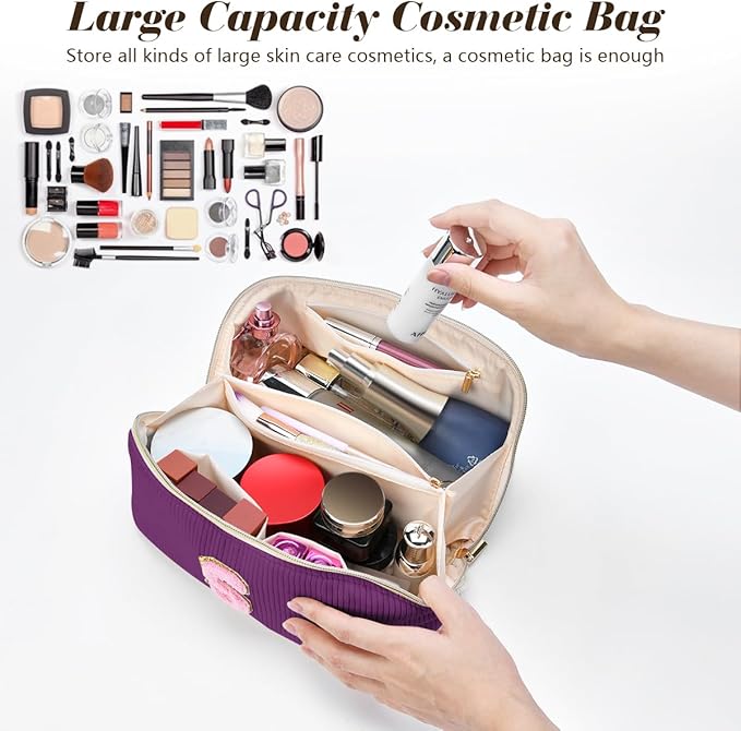 Personalized Initial Makeup Bag,Christmas Gifts for Girl,Preppy Bag Cosmetic Travel Bag Women,Travel Toiletry Organizer,Large Capacity Corduroy Stuff Bag,Cute Cosmetic Pouch Skincare Bag-F